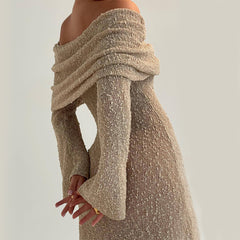 One-shoulder Knitted Long-sleeved Dress Sexy Beach Holiday Long Dresses