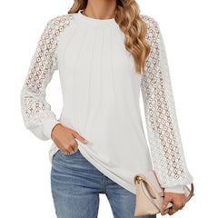 New Lace Long Sleeve Round Neck T-shirt Fashion Loose Solid Color Pullover Top