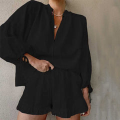 Lace-up Suits Loose V-neck Lantern Sleeve Top And Ruffles Shorts Solid Two-piece Set