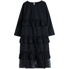 Fashionable Plus Size Loose Retro Dress with Black Lace Stitching and Long Sleeves