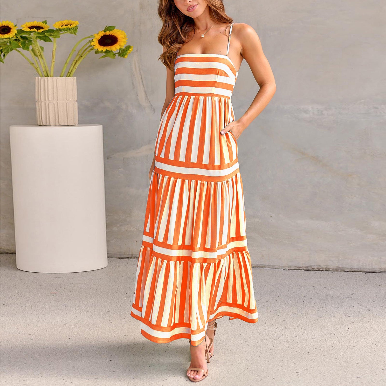 Trendy Striped Printed Suspender Long Dress for Summer | Backless with Pockets and Square Neck