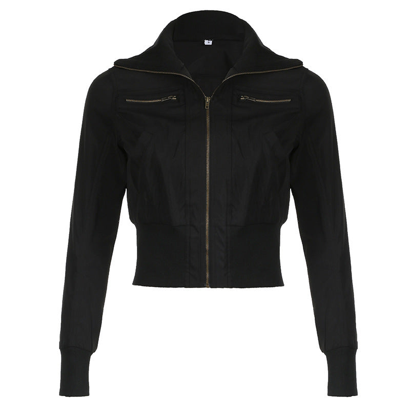 Stylish Women's Heavy-Duty Fashion Jacket with Stand Collar and Zipper Pockets