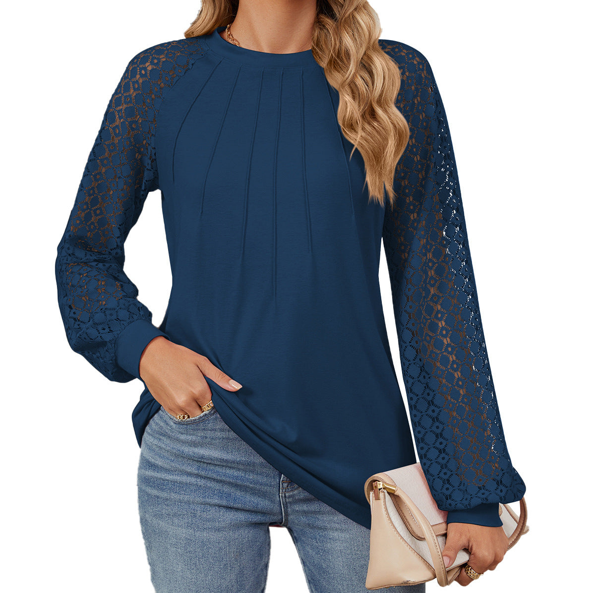 New Lace Long Sleeve Round Neck T-shirt Fashion Loose Solid Color Pullover Top