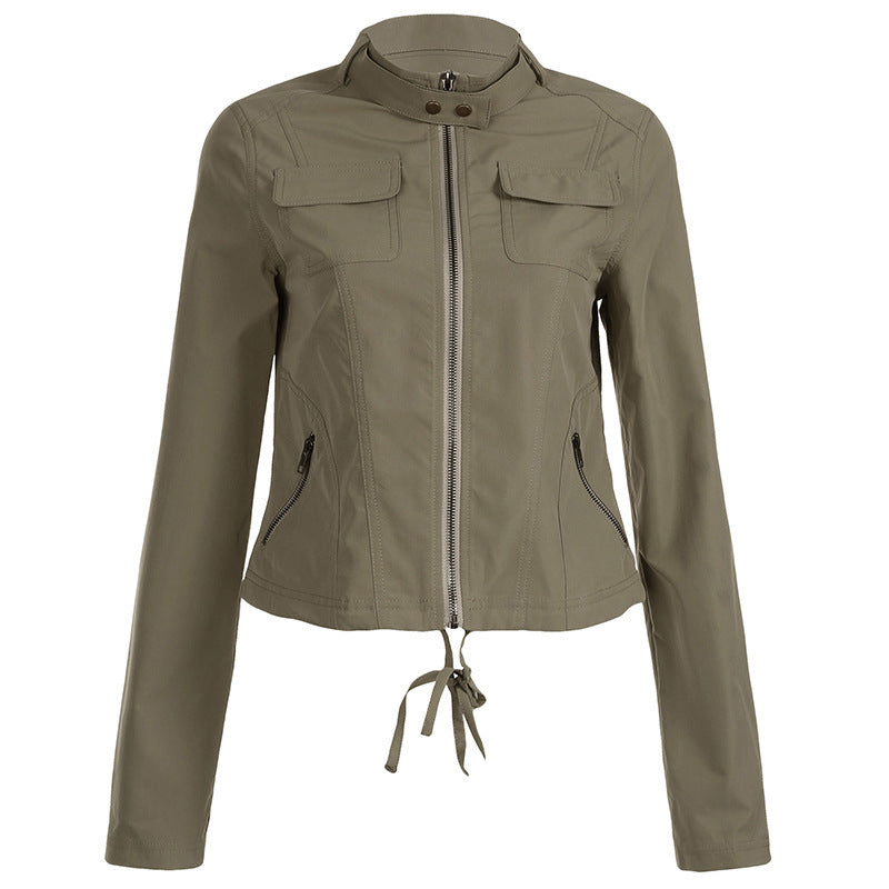 Stylish Women's Heavy-Duty Fashion Jacket with Stand Collar and Zipper Pockets