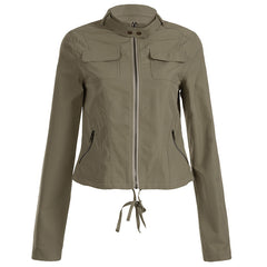 Stylish Women's Heavy-Duty Fashion Jacket with Stand Collar and Zipper Pockets