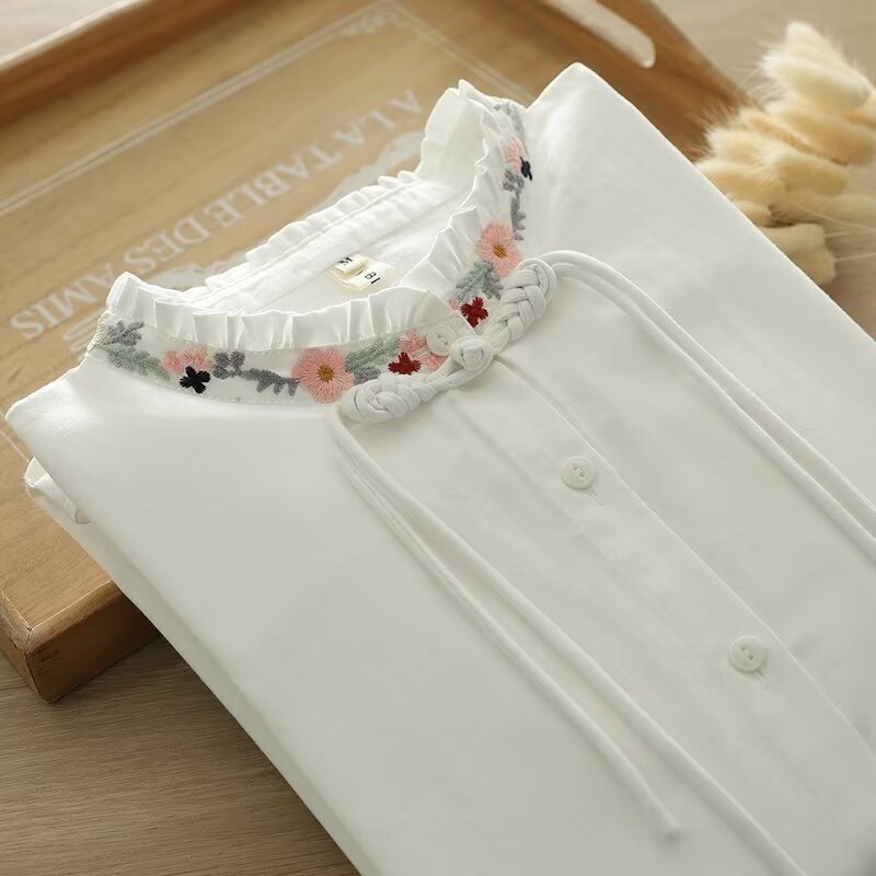 Elegant Ethnic Style Long Sleeve Shirt with Embroidered Knot Button