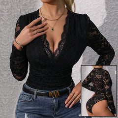 Women's Lace Up Long Sleeve Bodysuit Romper Sexy Deep V Neck Snap Croth Leotard Tee Top