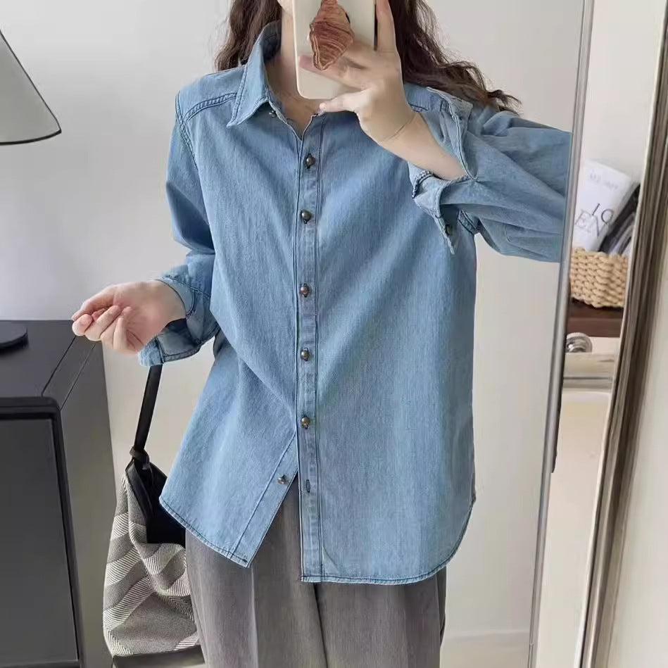 Trendy Blue Denim Long-Sleeve Shirt Jacket for Women