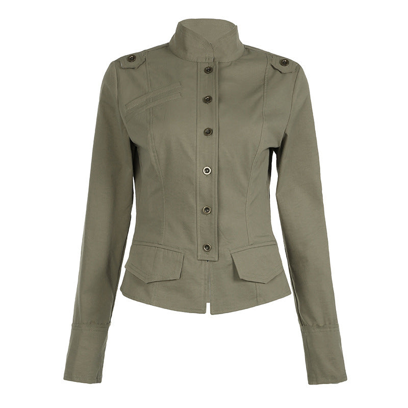 Stylish Women's Heavy-Duty Fashion Jacket with Stand Collar and Zipper Pockets