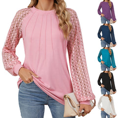 New Lace Long Sleeve Round Neck T-shirt Fashion Loose Solid Color Pullover Top