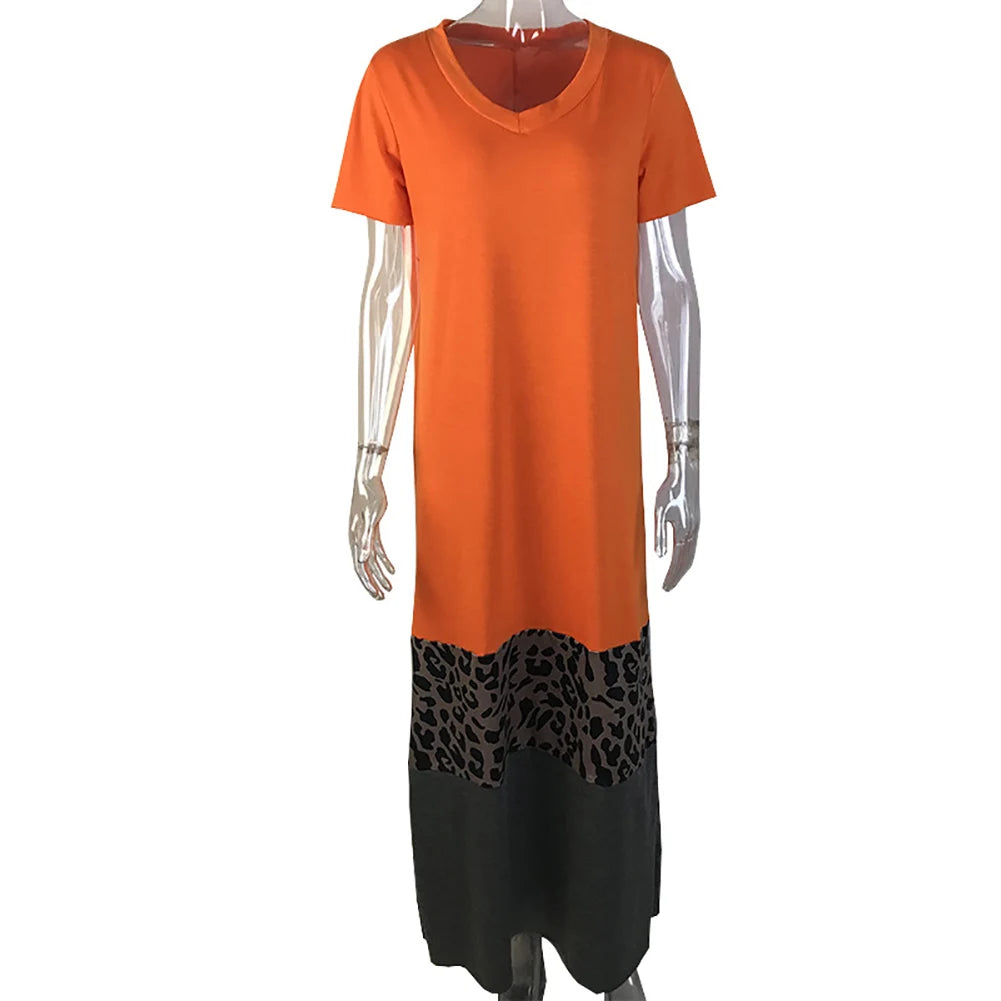 V Neck Short Sleeve Woman Dress Leopard Print Color