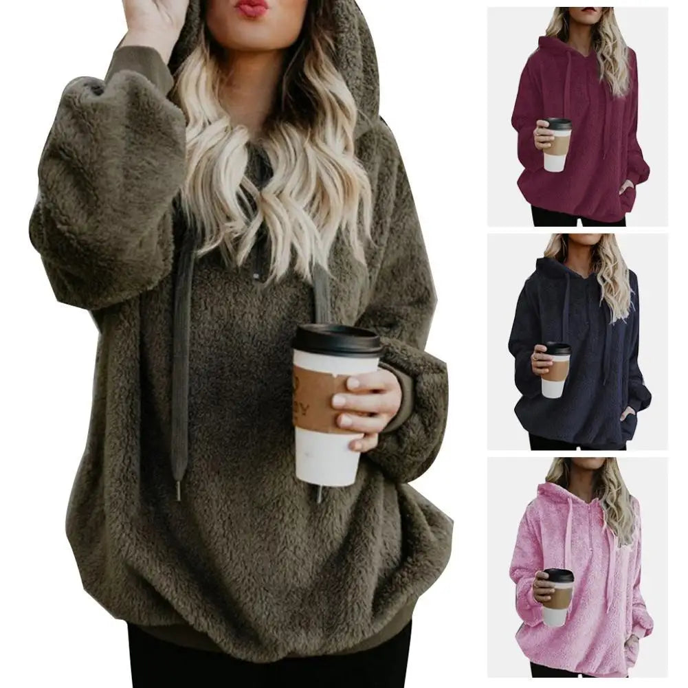 Over Size Hoodies Sweatshirt Solid Color 1/4 Zip Up Fluffy Hooded Tops