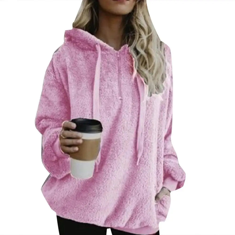 Over Size Hoodies Sweatshirt Solid Color 1/4 Zip Up Fluffy Hooded Tops