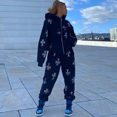 Hip Hop Rhinestone Sweatpants Suit Long Sleeve Zip Up Hoodies