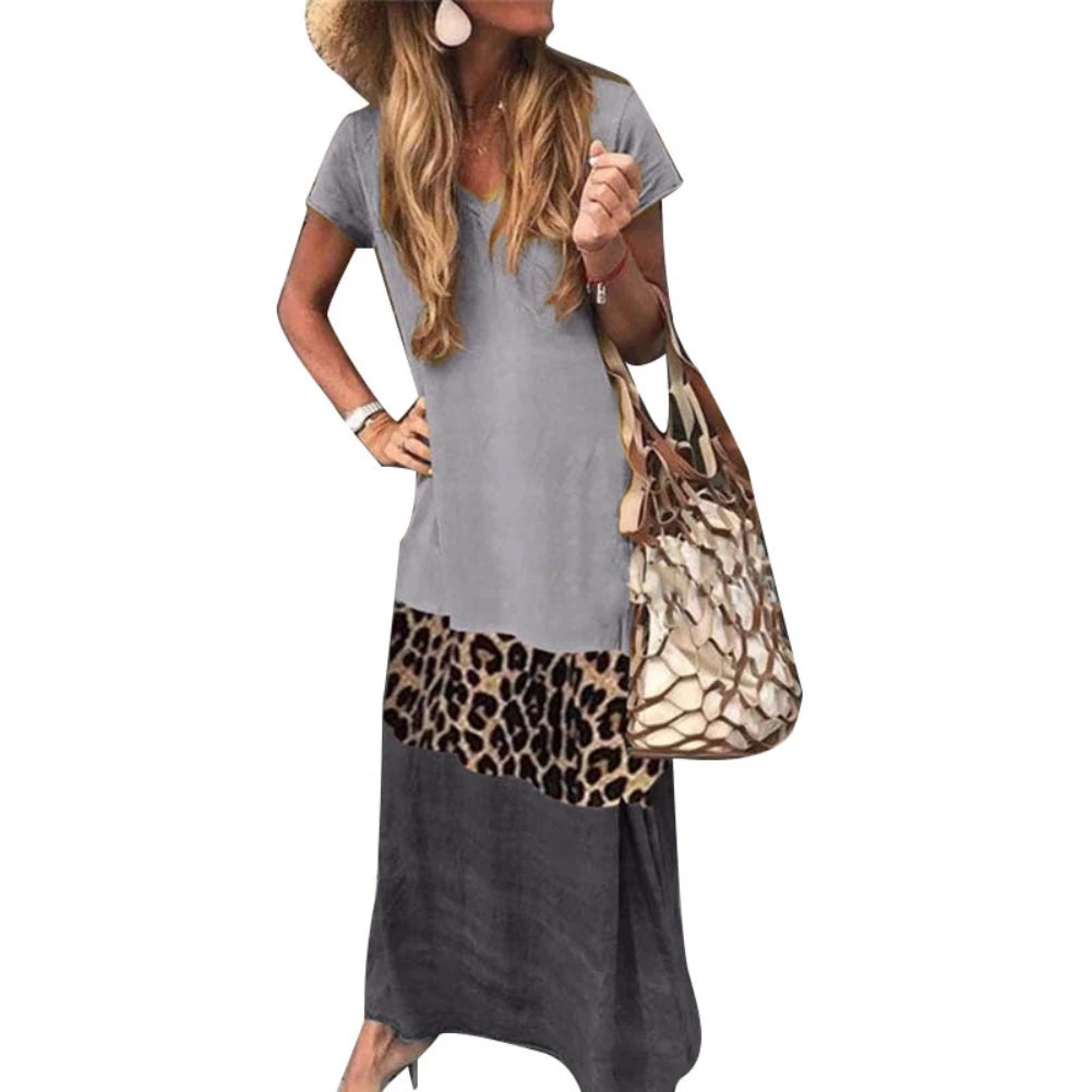 V Neck Short Sleeve Woman Dress Leopard Print Color