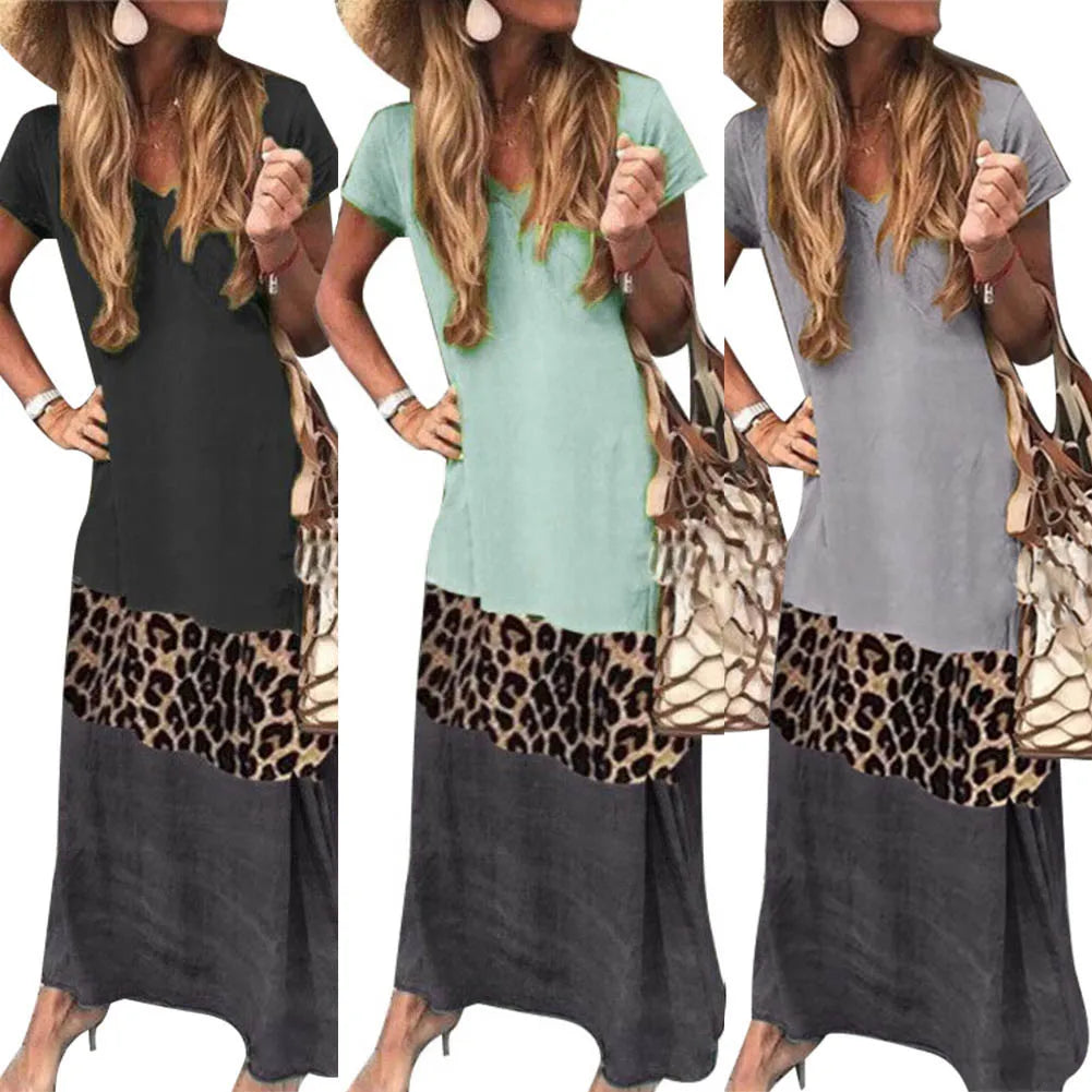 V Neck Short Sleeve Woman Dress Leopard Print Color