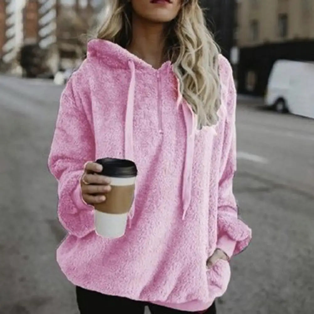 Over Size Hoodies Sweatshirt Solid Color 1/4 Zip Up Fluffy Hooded Tops