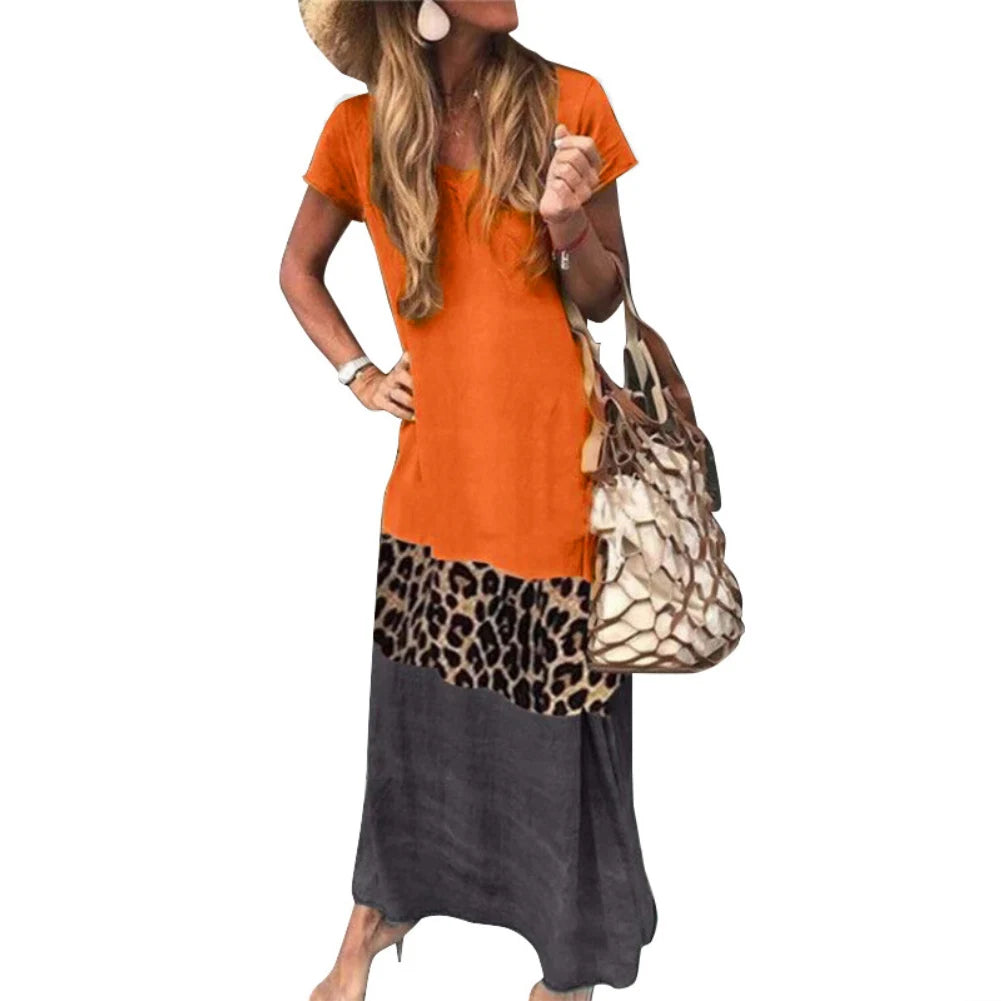 V Neck Short Sleeve Woman Dress Leopard Print Color