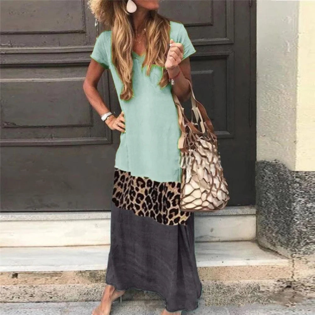 V Neck Short Sleeve Woman Dress Leopard Print Color