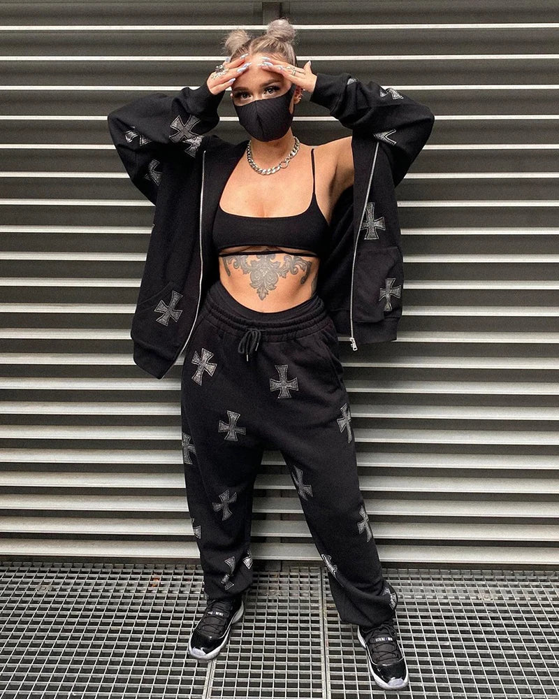 Hip Hop Rhinestone Sweatpants Suit Long Sleeve Zip Up Hoodies