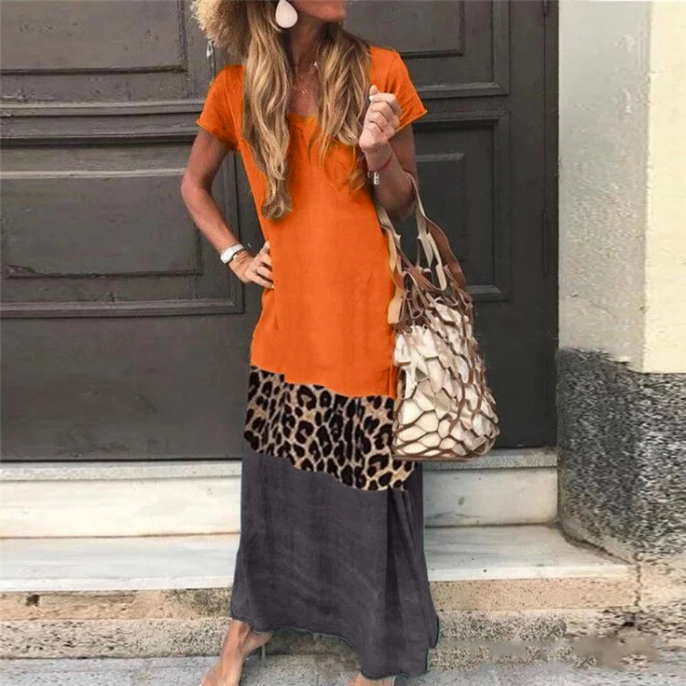 V Neck Short Sleeve Woman Dress Leopard Print Color