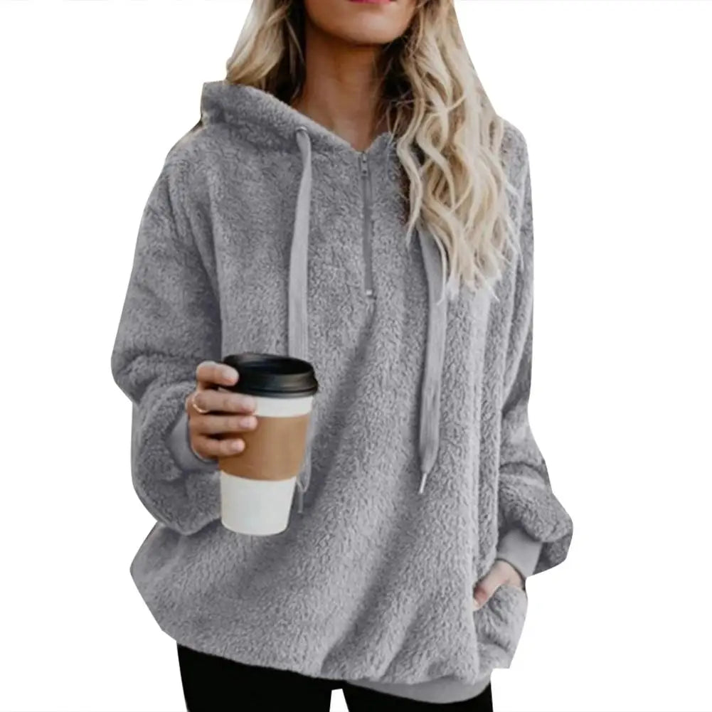 Over Size Hoodies Sweatshirt Solid Color 1/4 Zip Up Fluffy Hooded Tops