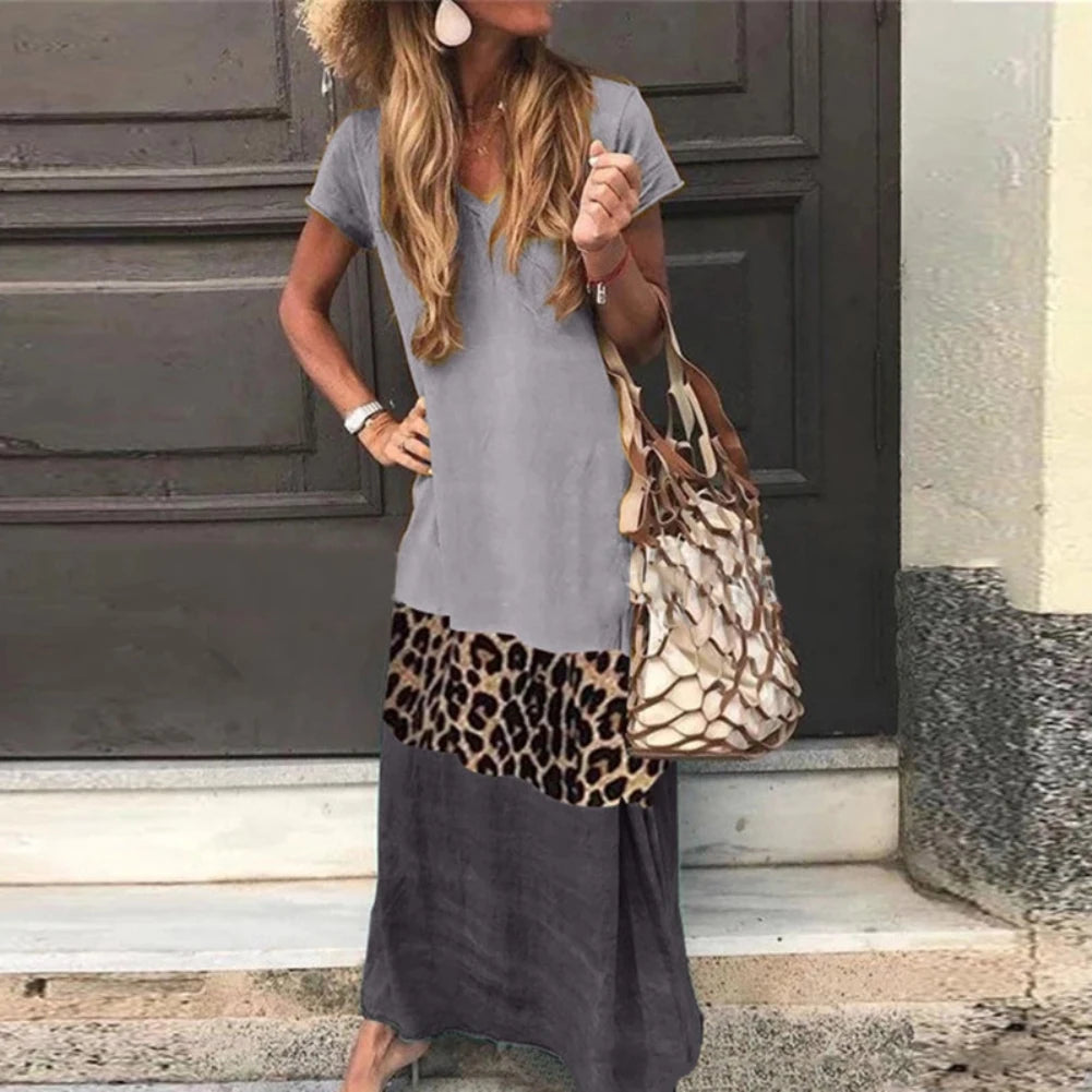 V Neck Short Sleeve Woman Dress Leopard Print Color