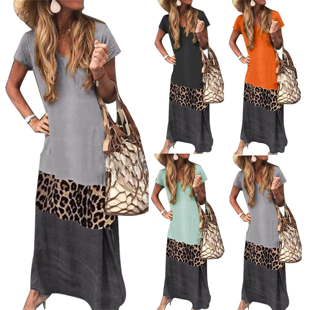 V Neck Short Sleeve Woman Dress Leopard Print Color