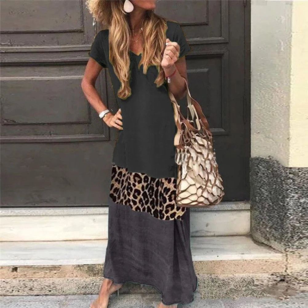 V Neck Short Sleeve Woman Dress Leopard Print Color