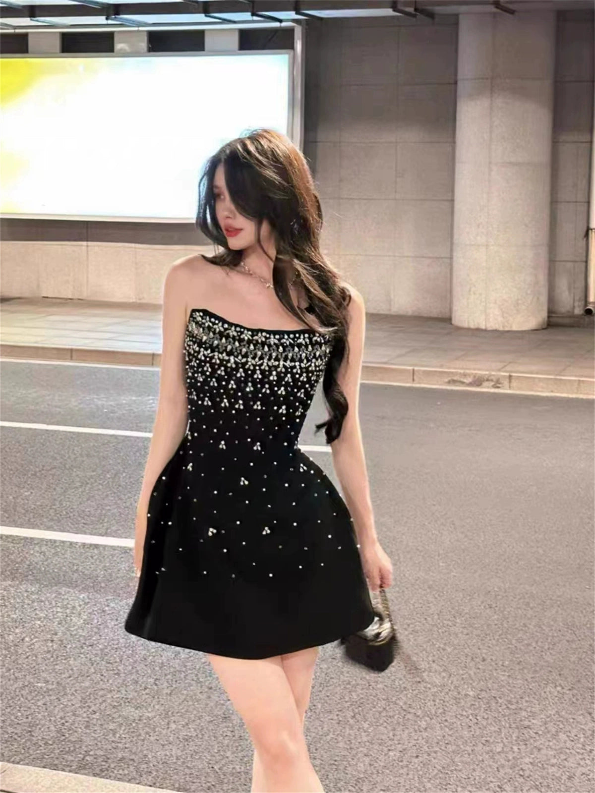 Accessible Luxury French Style Starry Rhinestone Suspender Dress Beaded