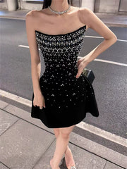 Accessible Luxury French Style Starry Rhinestone Suspender Dress Beaded