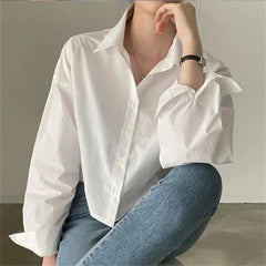 Spring New Casual Long Sleeve Women White Shirt Korea Style Solid Button Split Woman Crop Tops Blouse