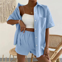 2 Piece Beach Outfits for Women Casual Single-breasted Top + Wide Leg Shorts Set