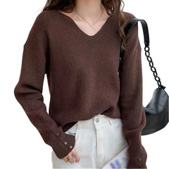 Autumn Winter Solid Color V-neck Casual Versatile Gentle Lazy Style Knit Long-sleeve Sweater Top