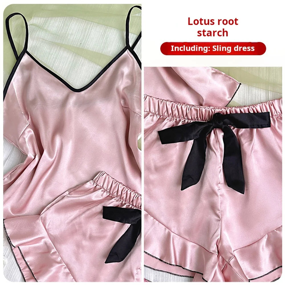 Women's Smooth Satin Pajamas V-Neck T-Shirt Ruffled Edges And Bow Shorts Simple And Breathable Pajama Set Sling