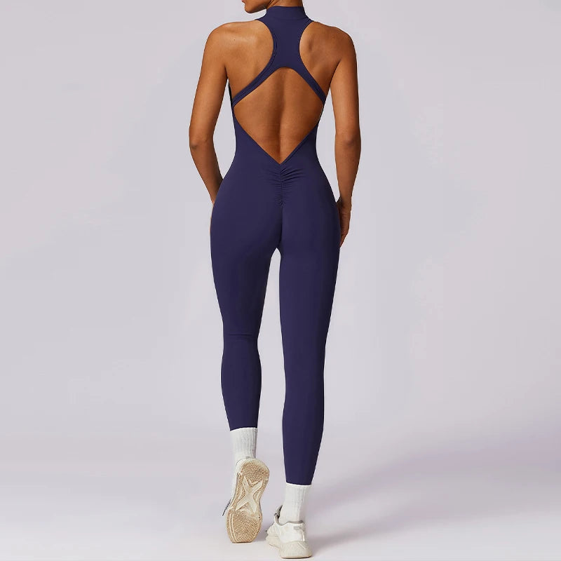 V Back One-piece Suit Women Sports Jumpsuit  Zippers Yoga Rompers Backless Sportswear