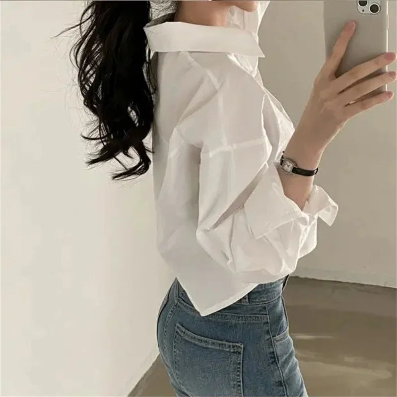 Spring New Casual Long Sleeve Women White Shirt Korea Style Solid Button Split Woman Crop Tops Blouse