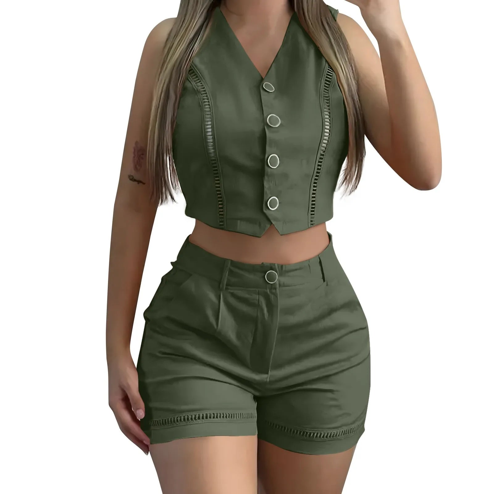 Vest Shorts Suit Two-Piece Set High Street V Neck Vest Shorts Chic 2 Piece Sets