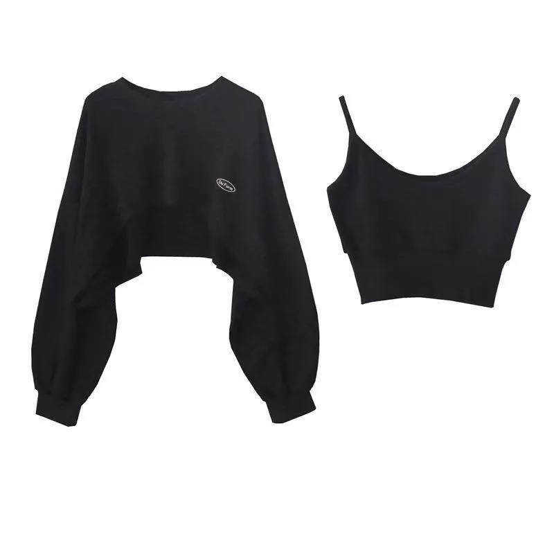 Women's Fashion Asymmetrical Cropped Cami's Sweatshirt 2 Piece Casual  Solid Long Sleeve Female Pullovers