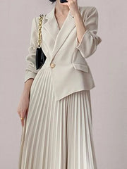 2 Pcs Set Notched Collar Irregular Design Single Button Coat High Waist Pleated Skirt Suit