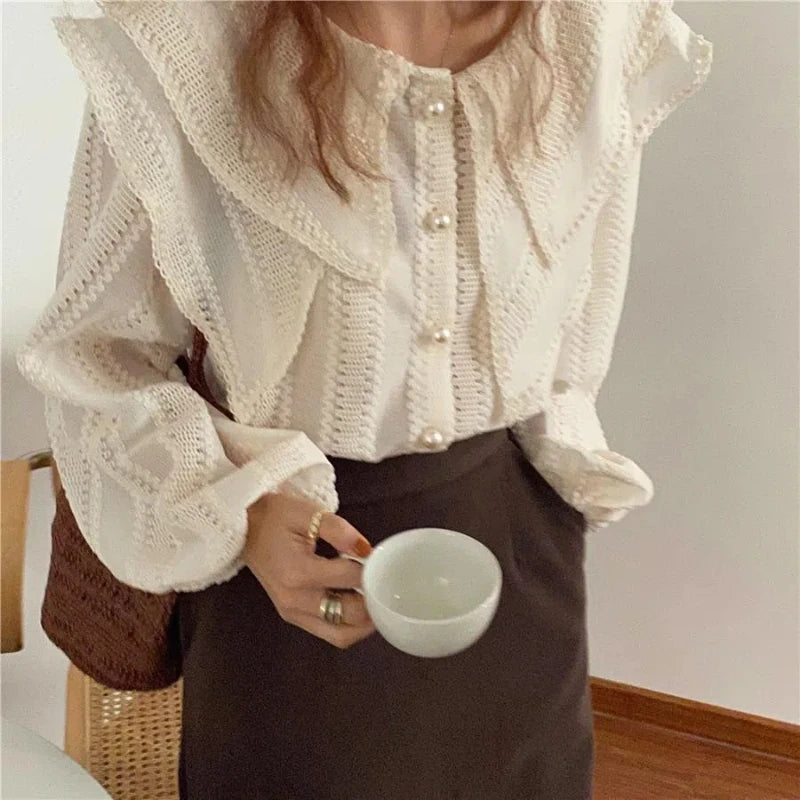 Fashion Chiffon Double-Layer Collar Puff Sleeve Top Woman Shirts