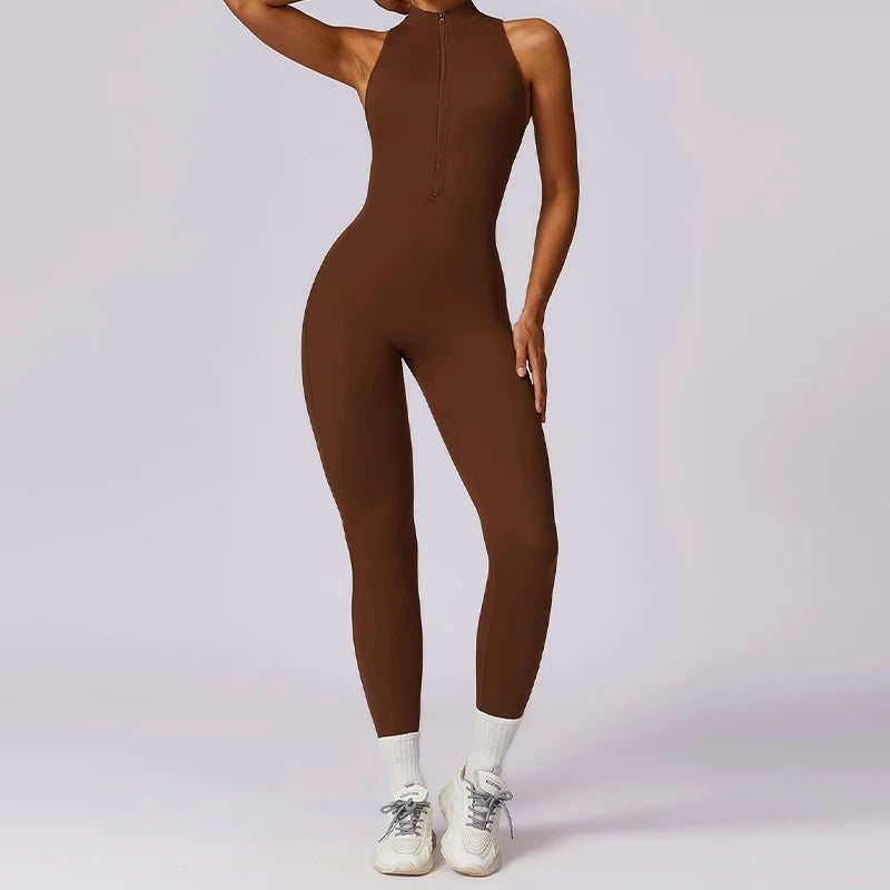 V Back One-piece Suit Women Sports Jumpsuit  Zippers Yoga Rompers Backless Sportswear