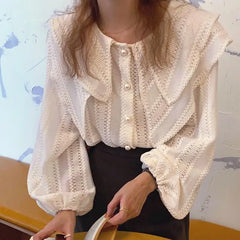 Fashion Chiffon Double-Layer Collar Puff Sleeve Top Woman Shirts