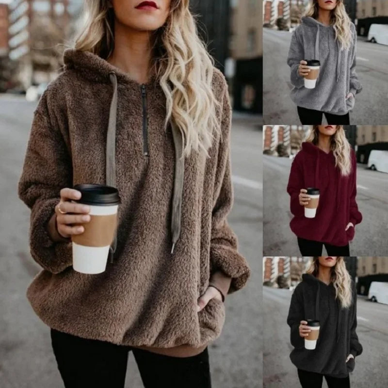 Women's Long-Sleeved Hooded Sweater, Monochromatic Coat