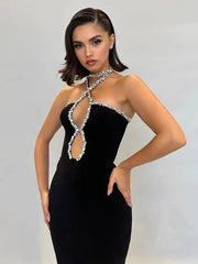 Women's Black Strapless Luxury Diamond Tight Long Bandage Dress