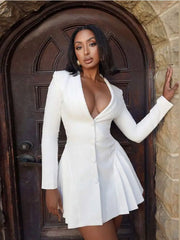 Elegant Single Breasted Pleated Long Sleeved Mini Dresses Sexy V-neck High Waist Women's Dress