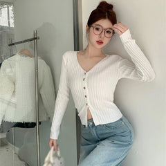 Single Breasted Cardigan Sweater Spring Autumn V Neck Temperament Versatile Solid Colour Women's Sweater Cardigan