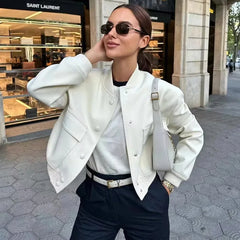 Women’s White Bomber Jacket – Cropped Aviator Style for Autumn & Winter