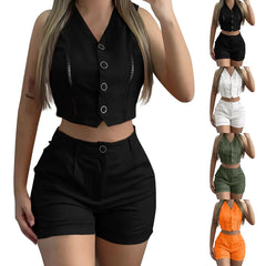 Vest Shorts Suit Two-Piece Set High Street V Neck Vest Shorts Chic 2 Piece Sets