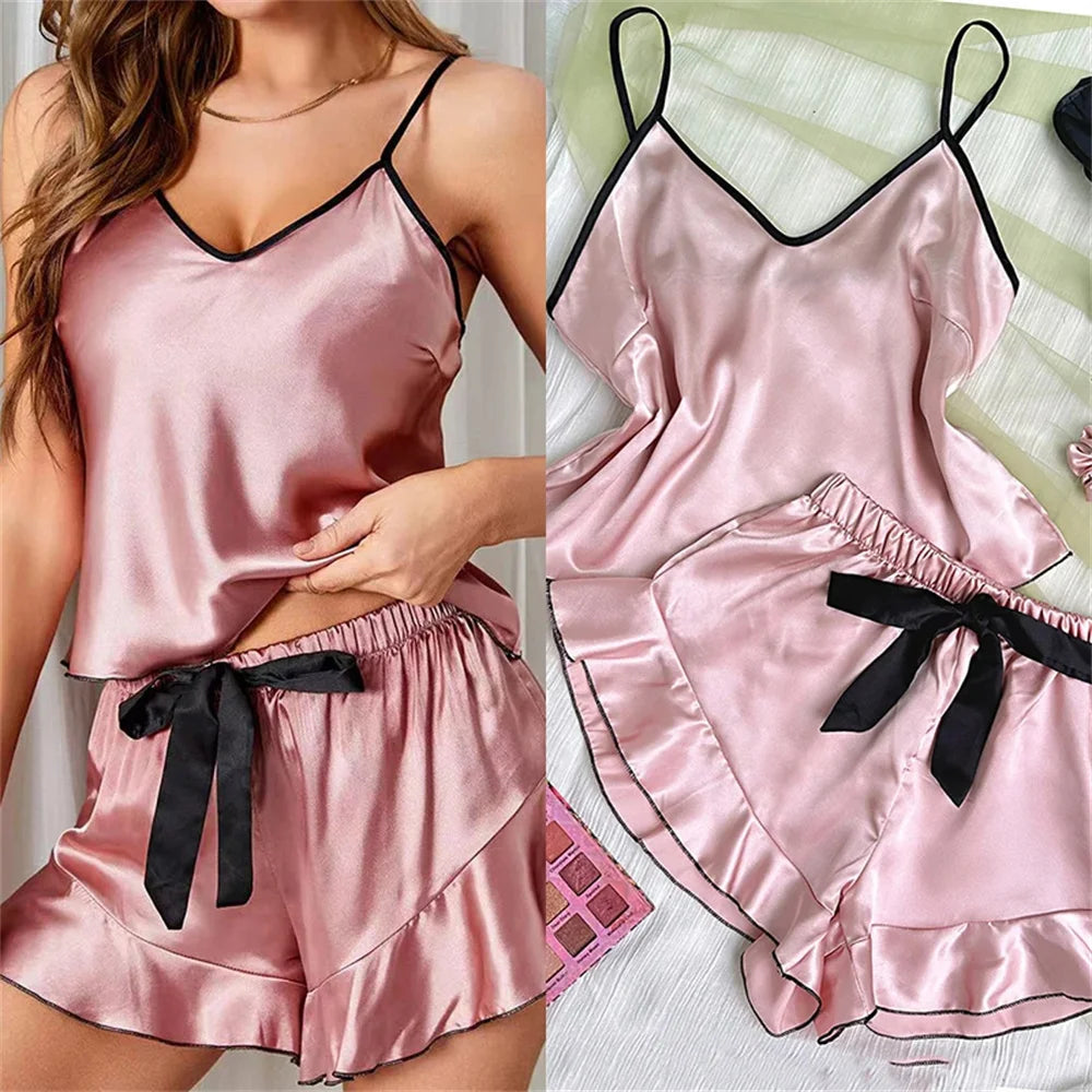 Women's Smooth Satin Pajamas V-Neck T-Shirt Ruffled Edges And Bow Shorts Simple And Breathable Pajama Set Sling